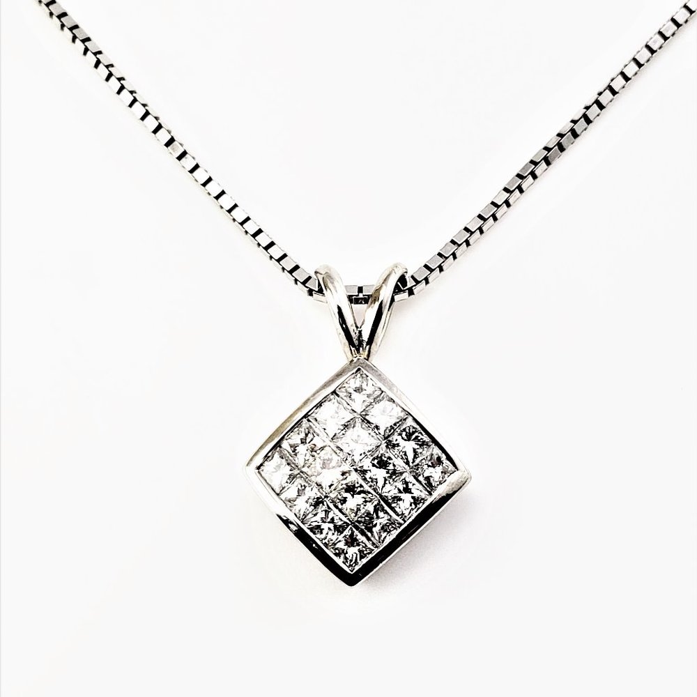 Vintage 14 Karat White Gold Princess Cut Diamond Pendant Necklace #8334